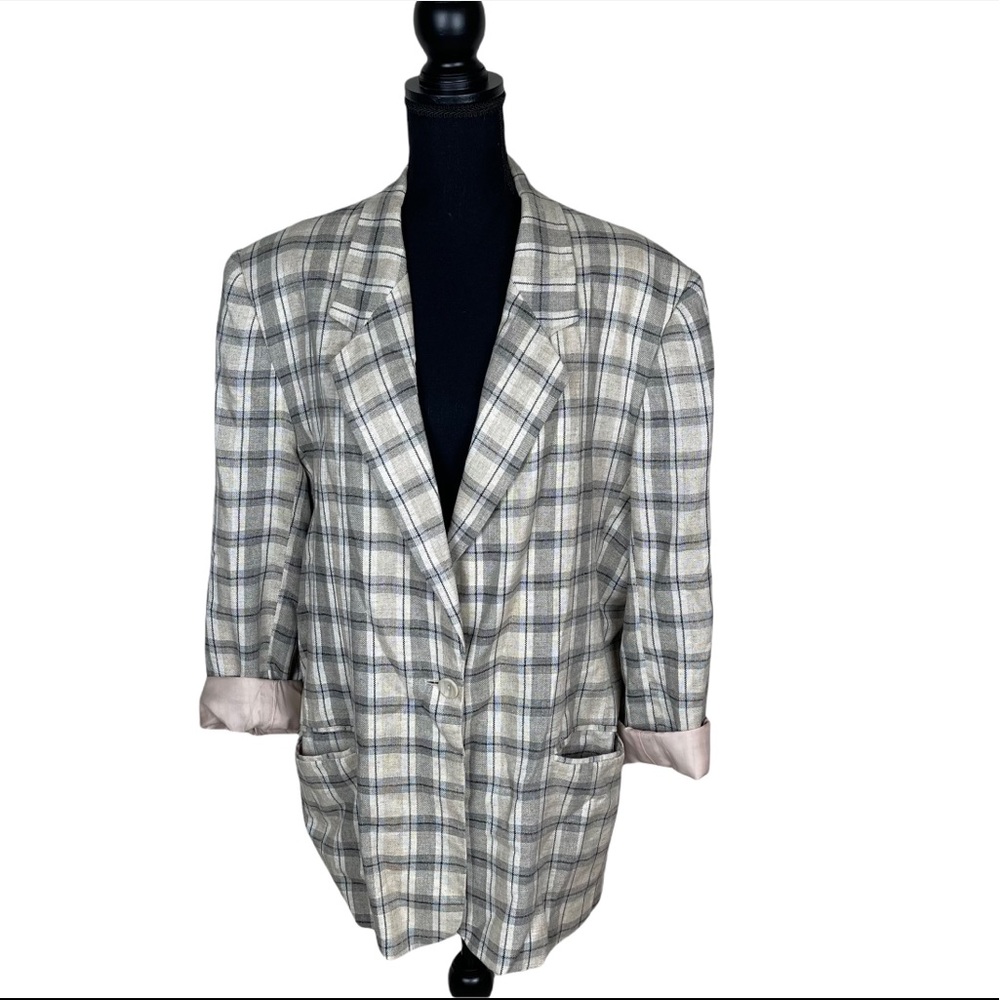Vintage Leslie Fay Linen blend Blazer Jacket Plaid gray and beige color Size 16